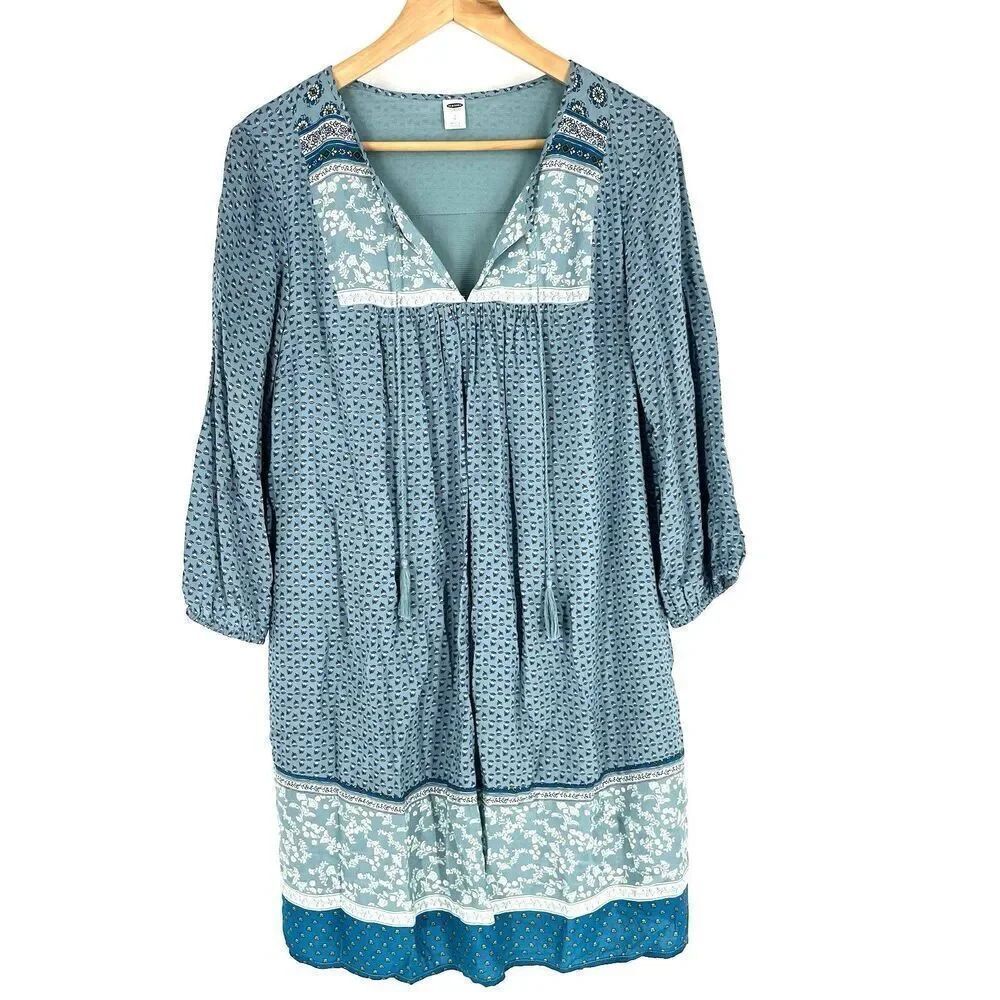 Old Navy Dress Size Large Blue Tassel Floral Boho Cottage Core Western Prairie